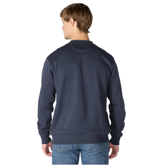 A man viewed from the back wearing a dark navy crewneck sweatshirt and blue jeans against a plain white background.
