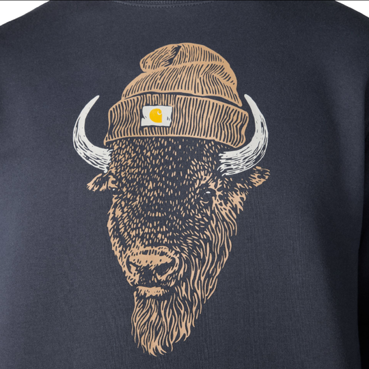Close-up of a dark navy sweatshirt featuring a graphic print of a bison with white horns wearing a tan beanie with a small American flag patch.