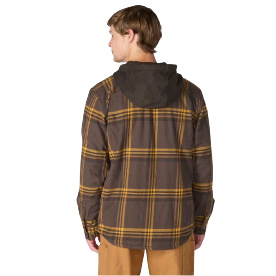 A man viewed from the back wearing a brown hooded jacket with a yellow and brown plaid pattern, paired with tan pants, against a plain white background.
