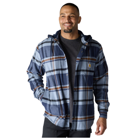 A man wearing a blue hooded plaid flannel shirt jacket over a dark gray t-shirt, photographed against a solid white background.