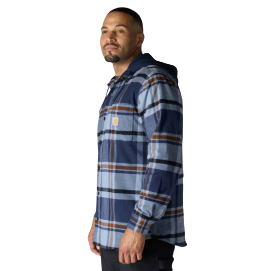 A man wearing a blue hooded plaid flannel shirt with brown and white stripes, shown in profile against a white background.