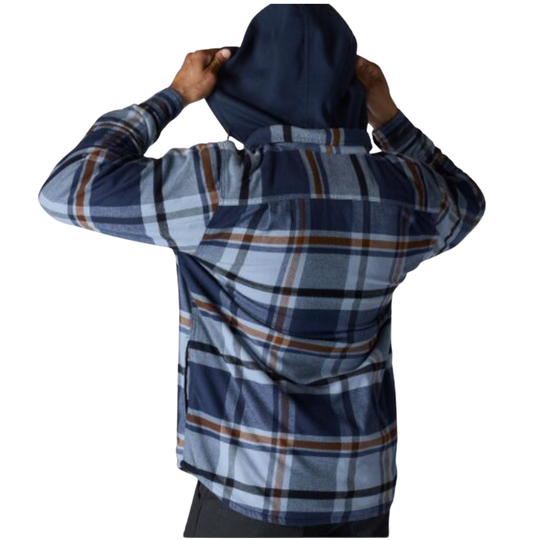 A person shown from the back wearing a long-sleeve plaid hooded shirt. The shirt features a pattern of navy blue, light blue, and thin brown stripes.