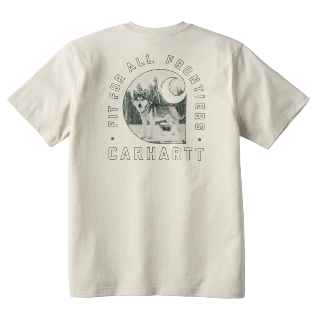 An off-white short-sleeve t-shirt showing the back, which features a large graphic print in muted green. The graphic includes a dog, a crescent moon, the text 'FIT FOR ALL FRONTIERS', and the brand name 'CARHARTT'.