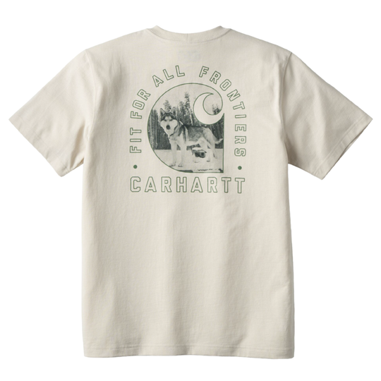 An off-white short-sleeve t-shirt showing the back, which features a large graphic print in muted green. The graphic includes a dog, a crescent moon, the text 'FIT FOR ALL FRONTIERS', and the brand name 'CARHARTT'.