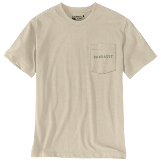 Beige t-shirt with a pocket and brand logo on a white background