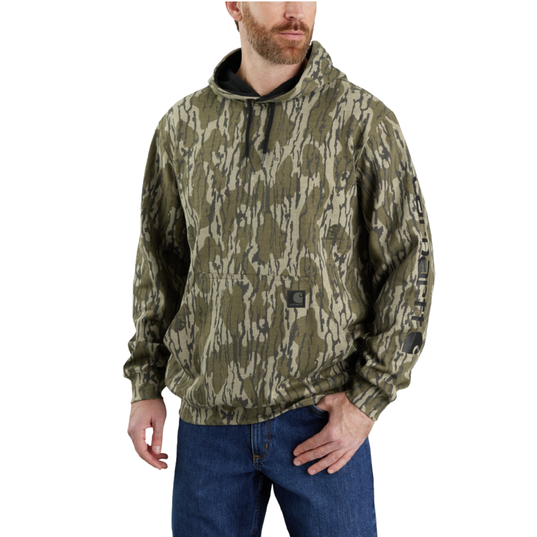 A man wearing a camouflage pullover hoodie with an olive green and tan pattern, paired with blue jeans, shown against a plain white background.