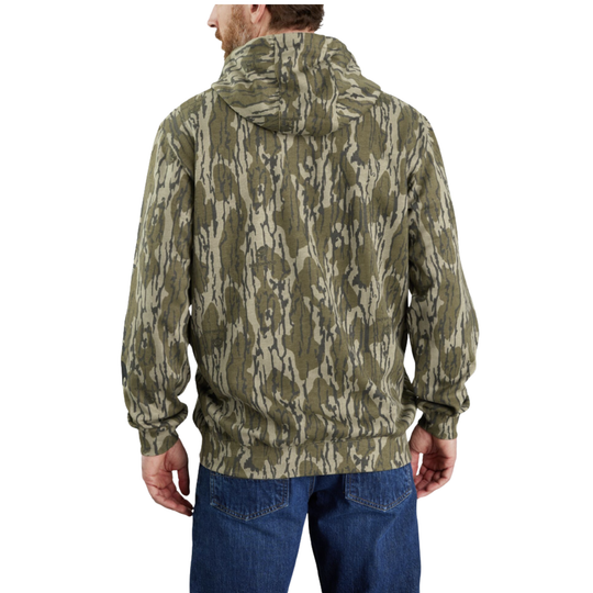 A man wearing a camouflage hooded sweatshirt, viewed from the back, paired with blue jeans against a plain white background.