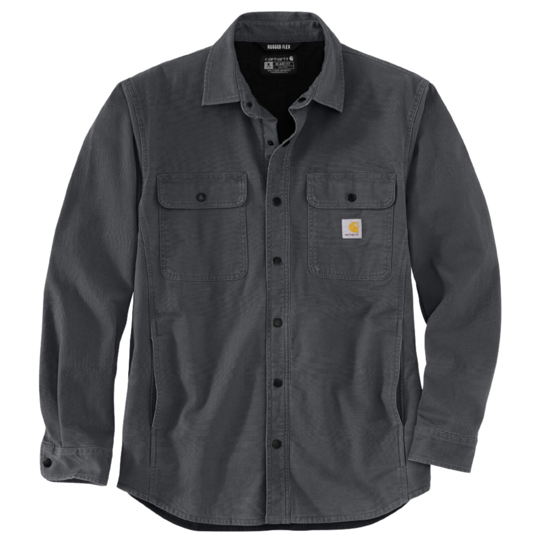 A dark gray Carhartt work shirt with long sleeves, two buttoned chest pockets, and a classic collar, shown on a plain white background.