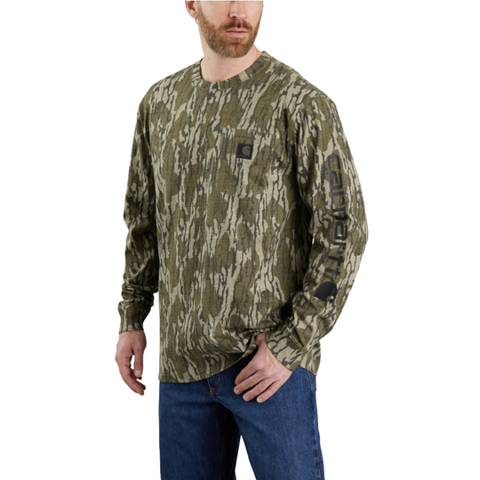 Man wearing a camouflage long-sleeve shirt on a white background