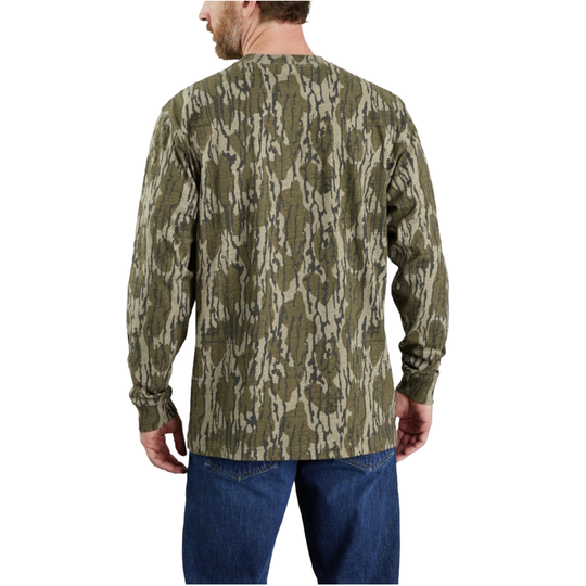 A man viewed from the back wearing a long-sleeve camouflage shirt and blue jeans against a plain white background.