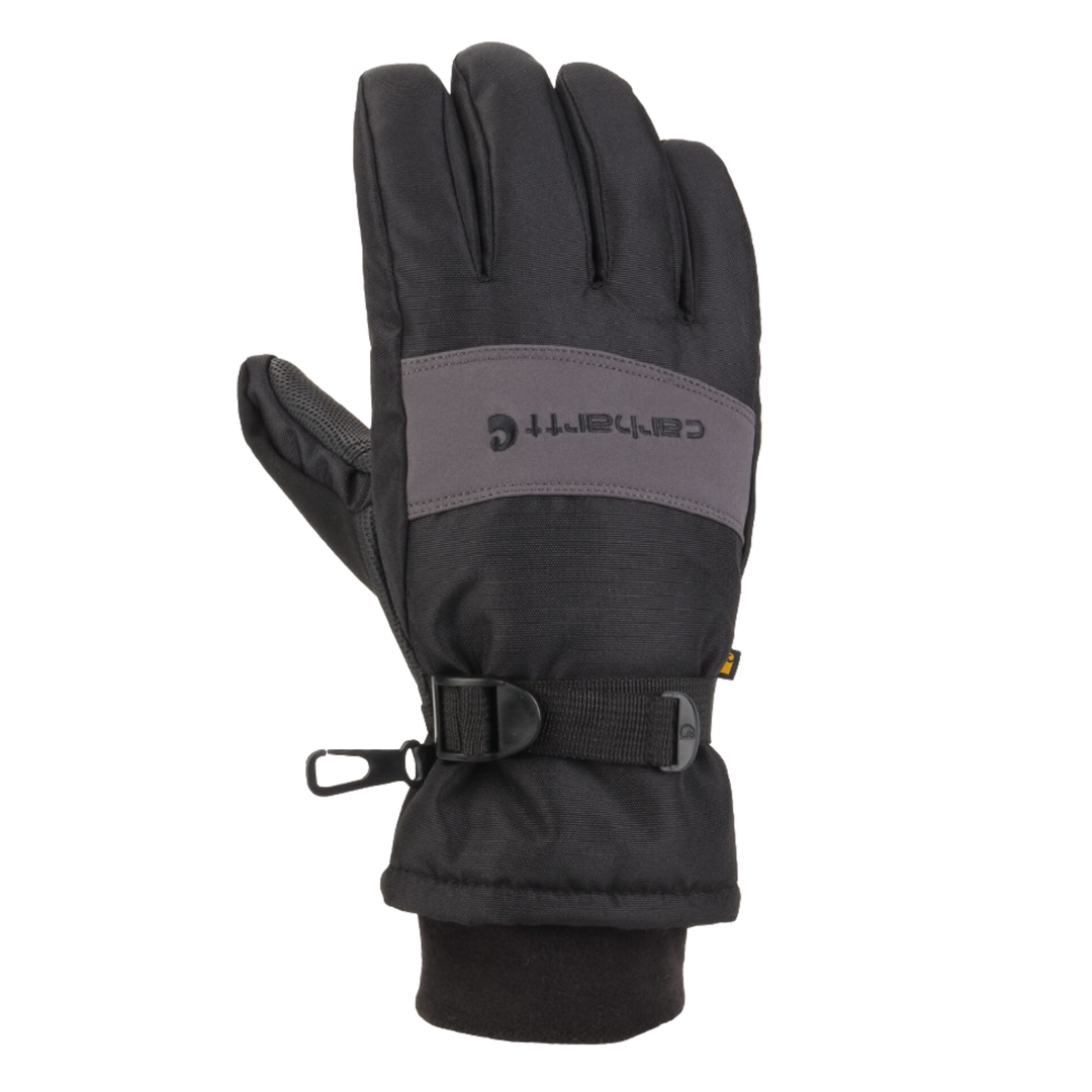 A single black Carhartt winter glove with a gray logo panel on the back of the hand and a black adjustable wrist strap, shown against a plain white background.