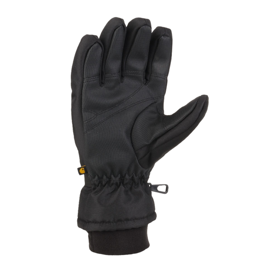 A single black winter glove shown from the back, featuring a textured synthetic leather back, padded finger sections, a gathered elastic cuff, and a small metal zipper pull, set against a plain white background.