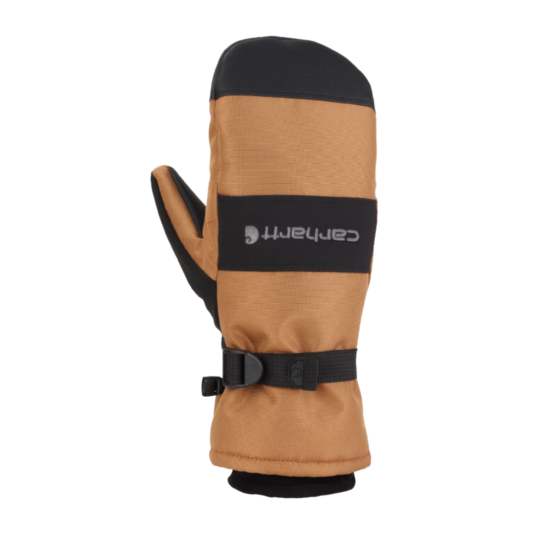 A single Carhartt winter mitten in tan and black, featuring a black brand stripe with the Carhartt logo, a wrist strap, and a black cuff, shown on a plain white background.