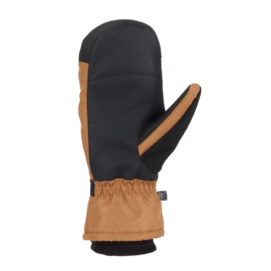 A single winter mitten glove shown from the back, featuring a black textured back panel, a tan elasticated cuff, and tan trim along the thumb and wrist.