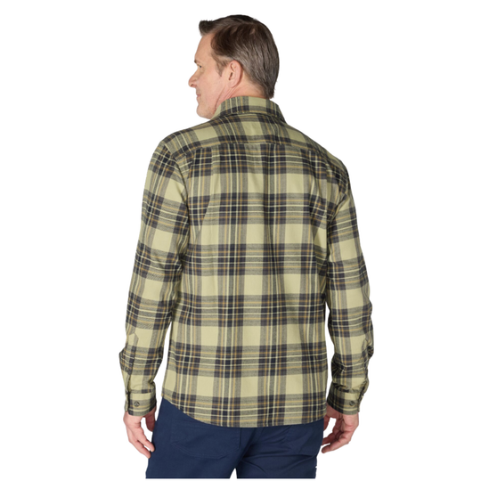 A man shown from the back wearing a long-sleeve plaid button-down shirt in olive green and beige with dark brown and black lines, paired with navy pants, against a plain white background.