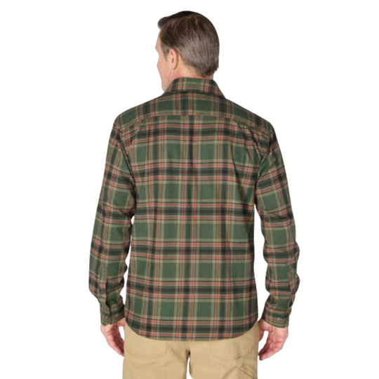 A man viewed from the back wearing a green plaid long-sleeve button-up shirt and khaki pants, set against a plain white background.