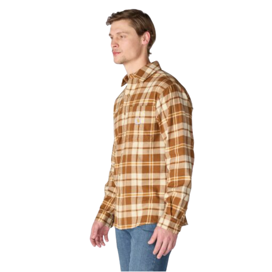A man wearing a brown and beige plaid flannel shirt, shown in profile against a plain white background.