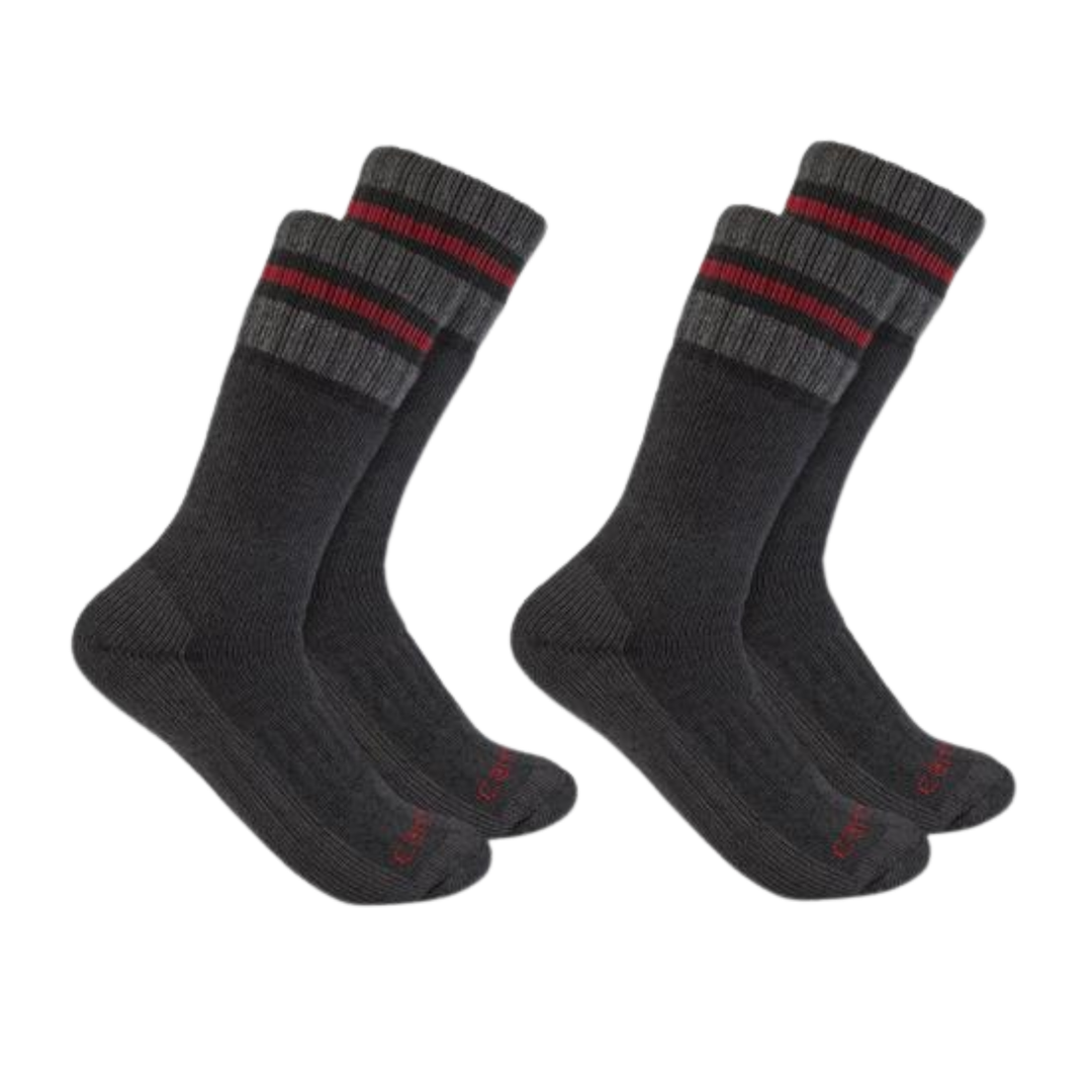 Four dark gray crew socks with a striped cuff pattern, arranged in two pairs on a plain white background.