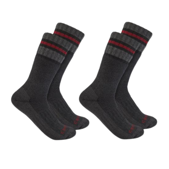 Four dark gray crew socks with a striped cuff pattern, arranged in two pairs on a plain white background.