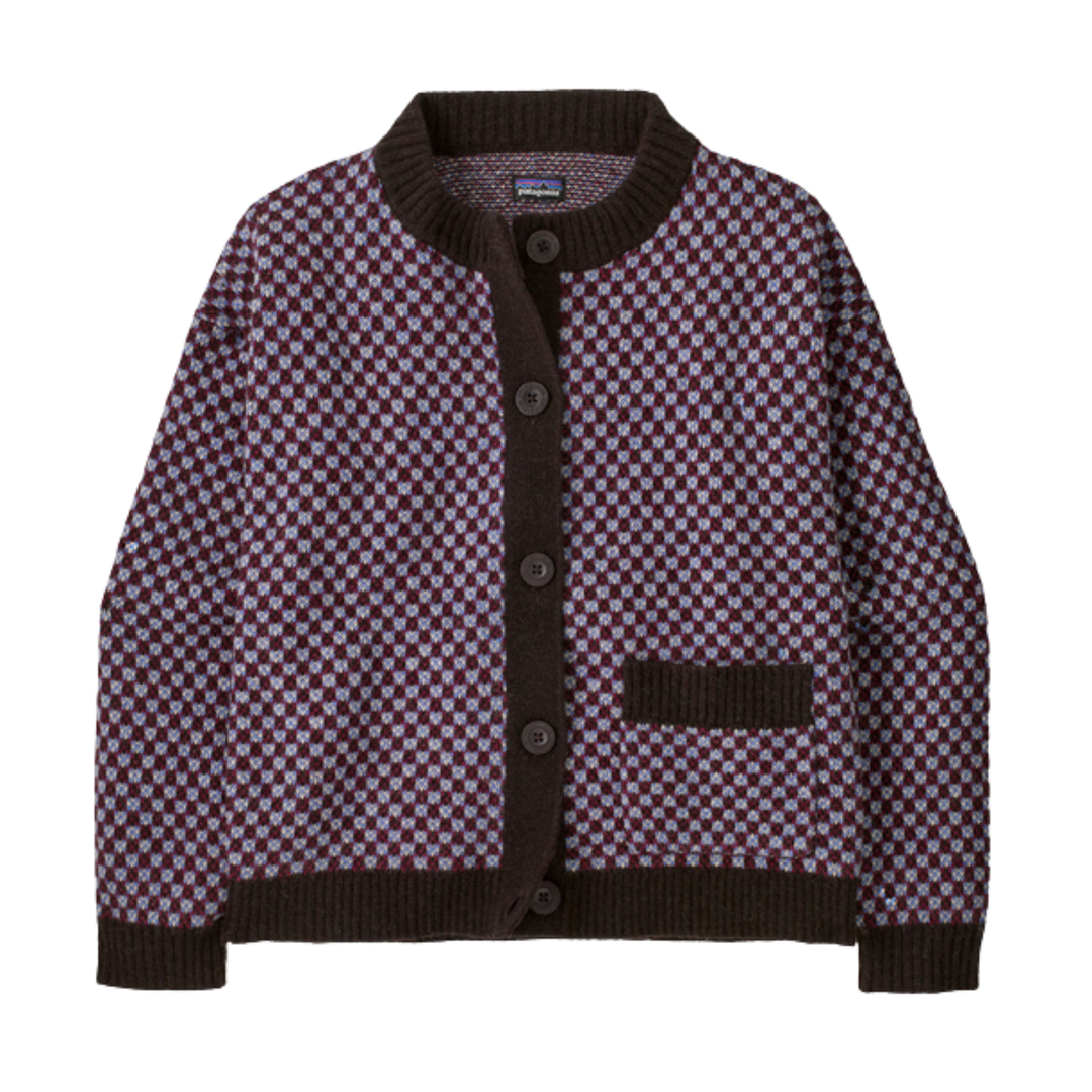 A knit cardigan sweater with a dark brown ribbed collar, cuffs, and hem, featuring a purple and white geometric checkered pattern and dark brown buttons down the front. A small Patagonia brand label is visible inside the collar.