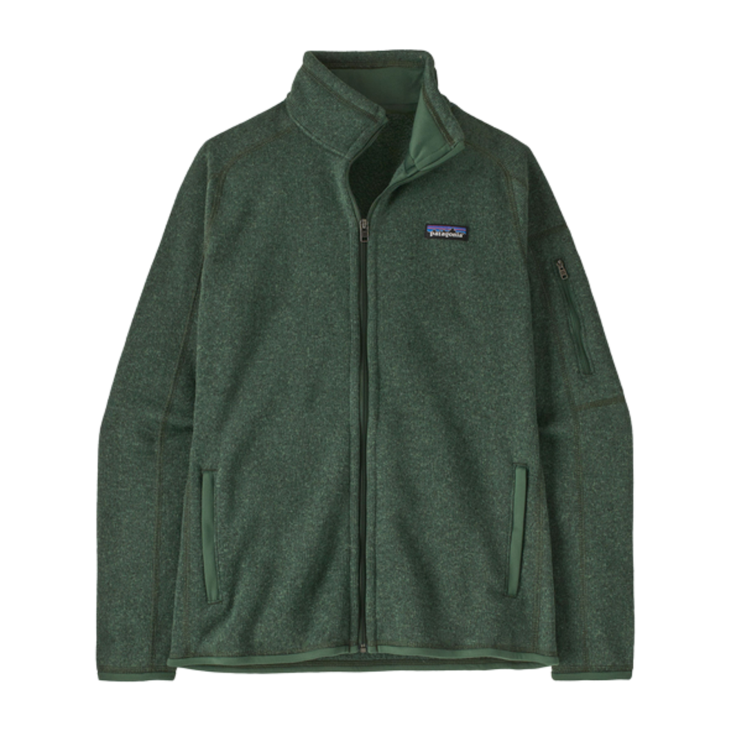 green zip up sweater jacket with Patagonia logo on the upper chest. On a plain white background.