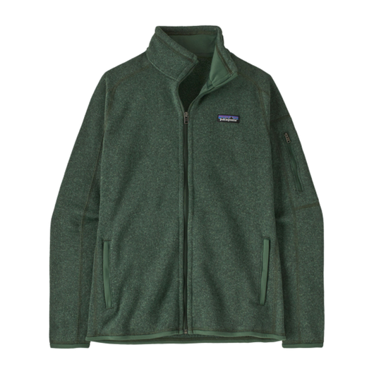 green zip up sweater jacket with Patagonia logo on the upper chest. On a plain white background.