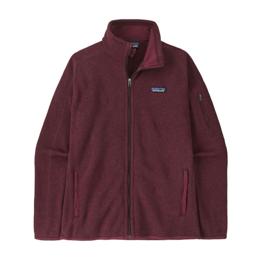 A Patagonia fleece jacket in a heathered burgundy color, featuring a full-zip front, stand-up collar, and zippered hand pockets, shown against a plain white background.