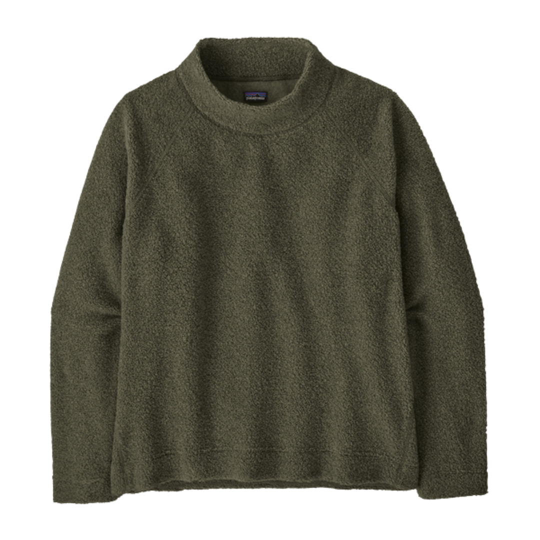 An olive green fleece mock neck sweater shown flat against a solid white background.