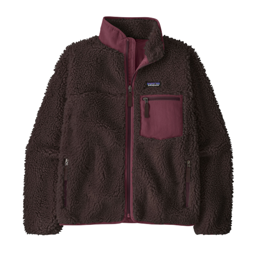 A dark brown sherpa fleece jacket with a contrasting burgundy collar, zipper, and chest pocket, shown flat against a white background.
