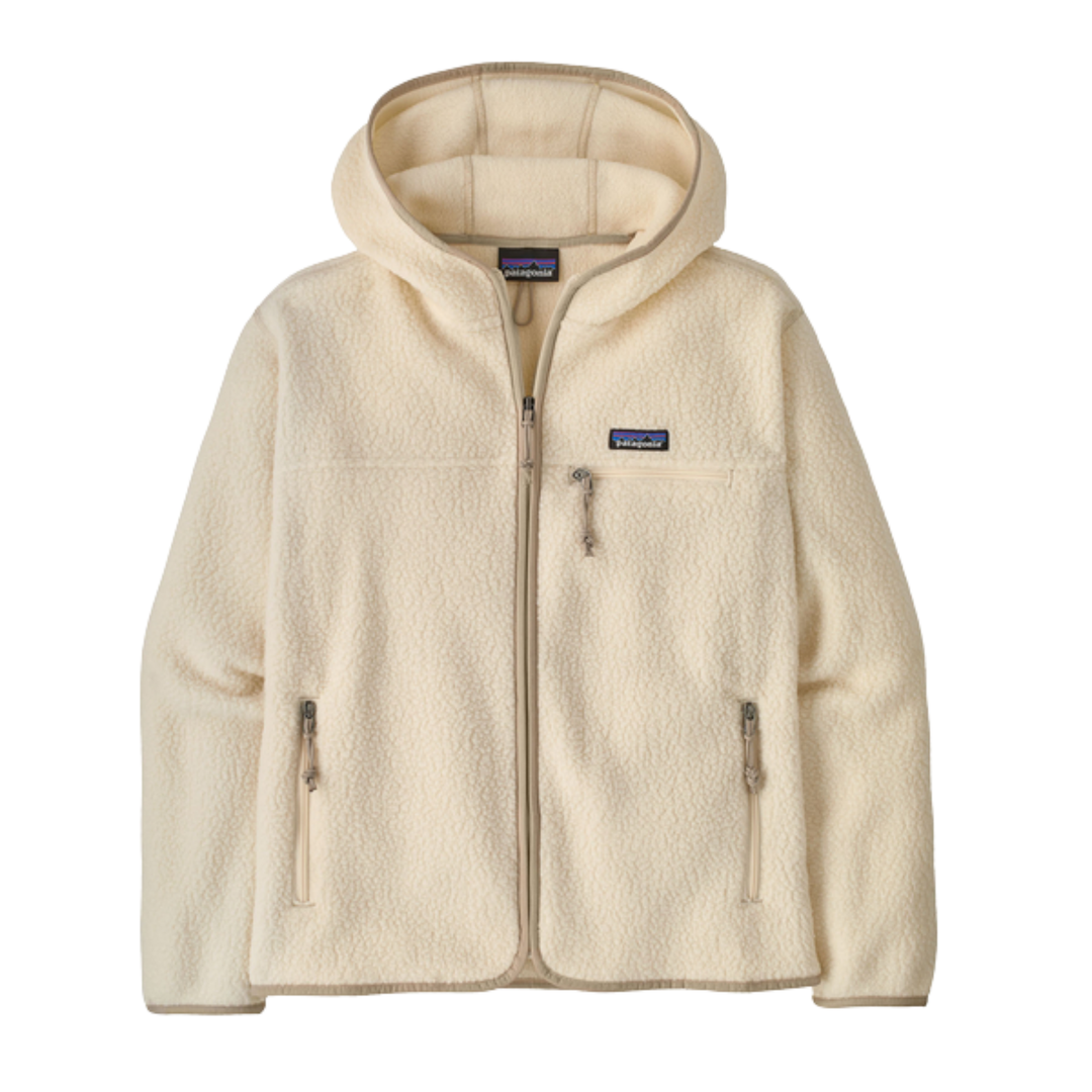 natural beige zip up hoodie with Patagonia logo on chest. On a plain white background. 