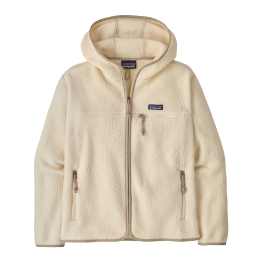 natural beige zip up hoodie with Patagonia logo on chest. On a plain white background. 
