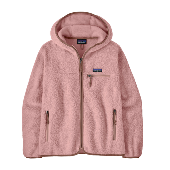 A pink Patagonia hooded fleece jacket with a full front zipper, zippered chest pocket, and zippered hand pockets, shown on a plain white background.