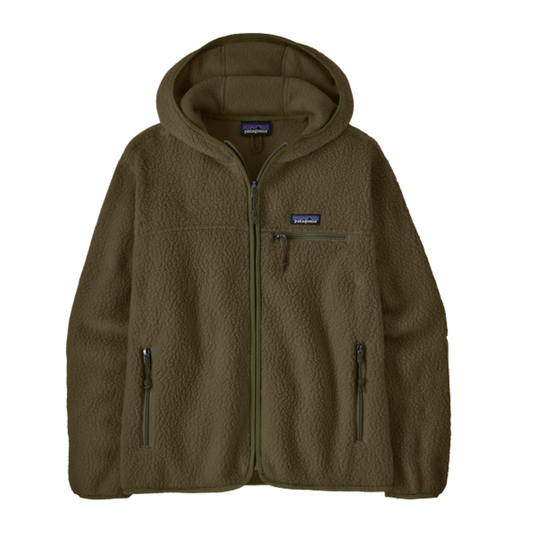 An olive green Patagonia fleece zip-up jacket with a hood, shown against a plain white background.