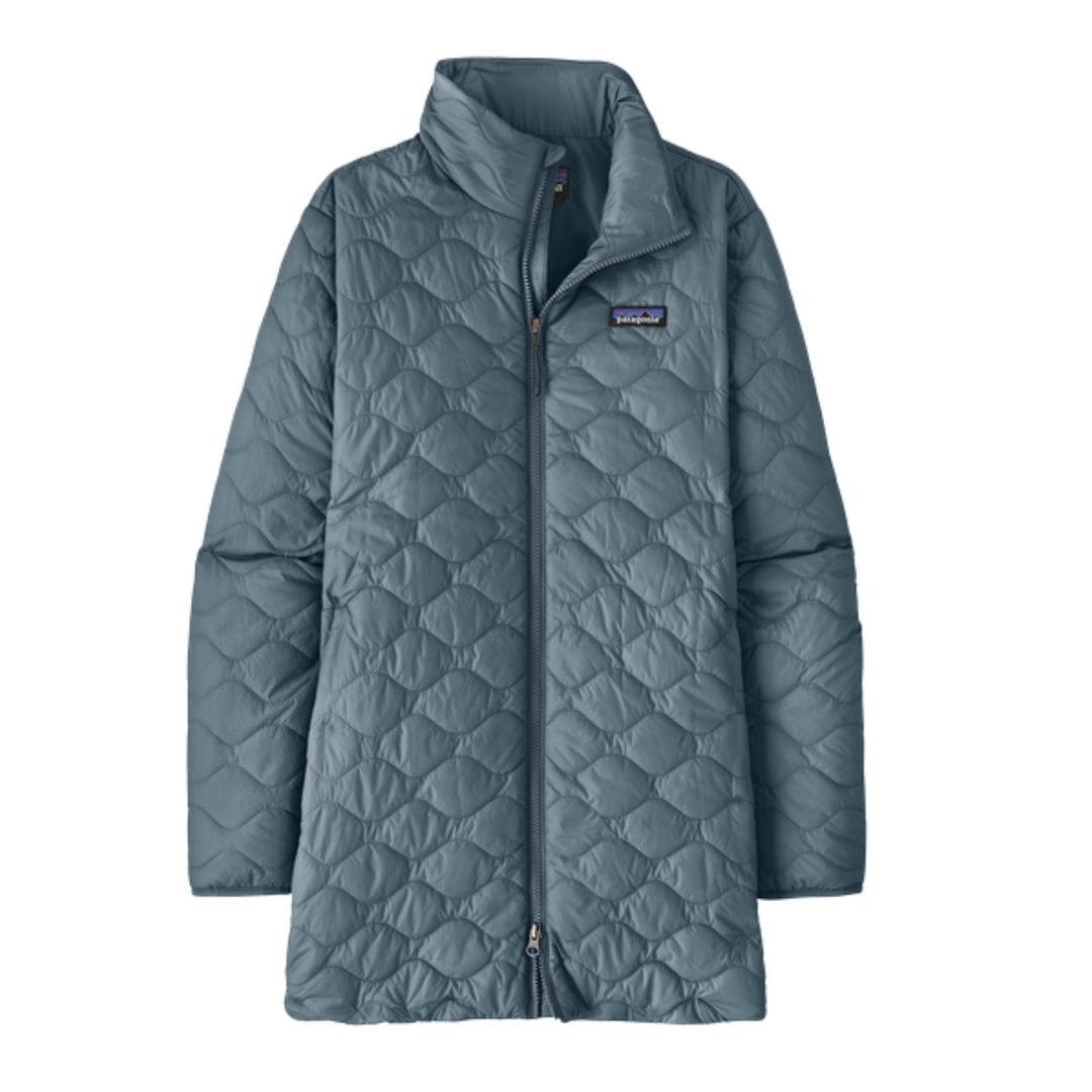 A Patagonia quilted puffer jacket in a muted slate blue-gray color, featuring a full-zip front, stand-up collar, and the signature Patagonia logo patch on the left chest, shown against a plain white background.