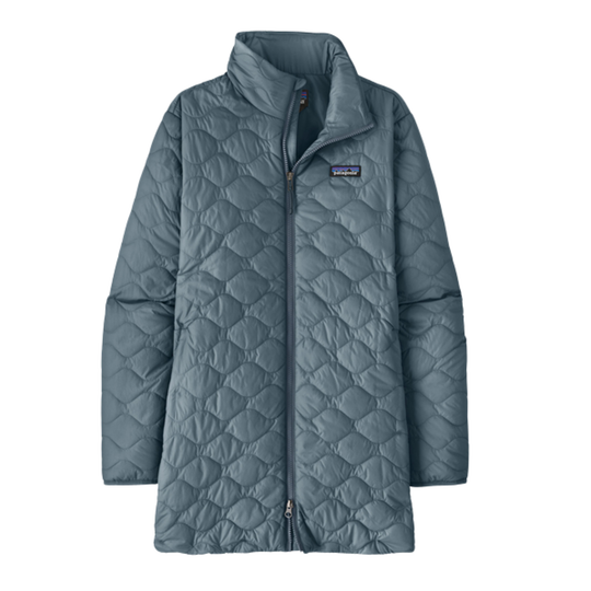 A Patagonia quilted puffer jacket in a muted slate blue-gray color, featuring a full-zip front, stand-up collar, and the signature Patagonia logo patch on the left chest, shown against a plain white background.