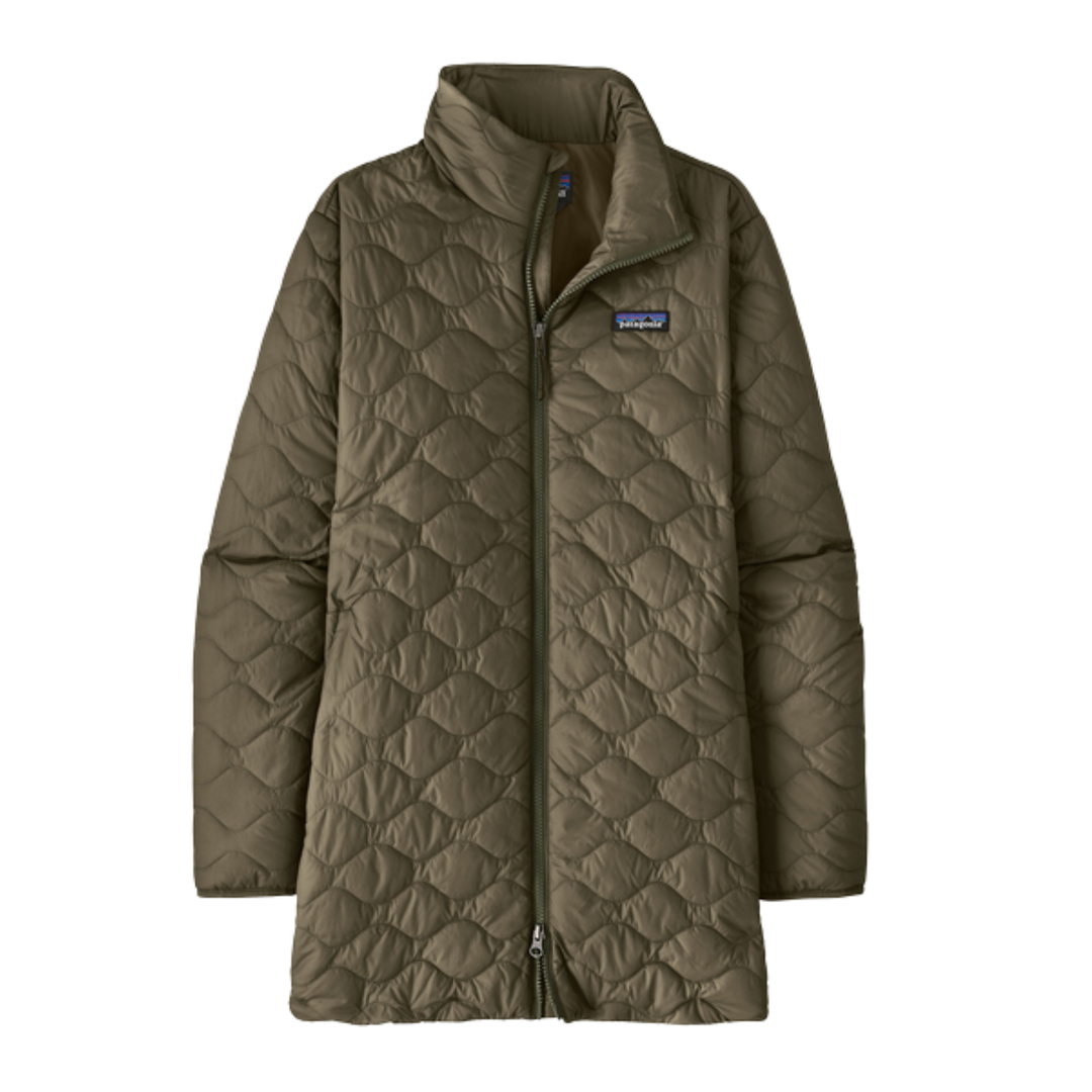 An olive green Patagonia quilted puffer jacket with a full-zip front and stand-up collar, shown against a plain white background.