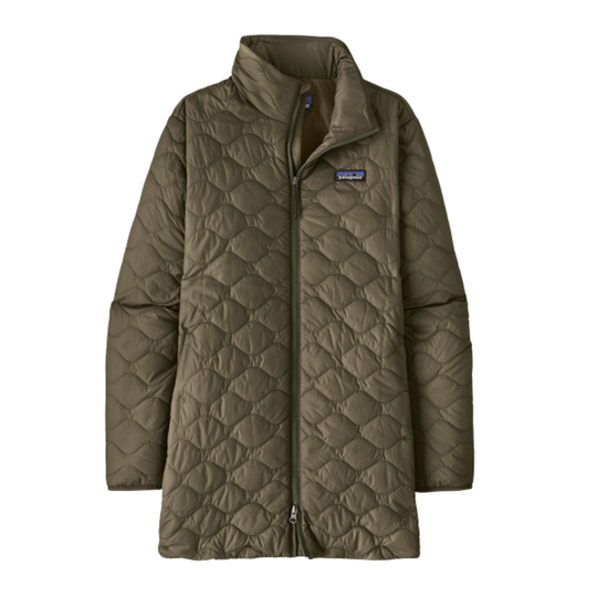 An olive green Patagonia quilted puffer jacket with a full-zip front and stand-up collar, shown against a plain white background.