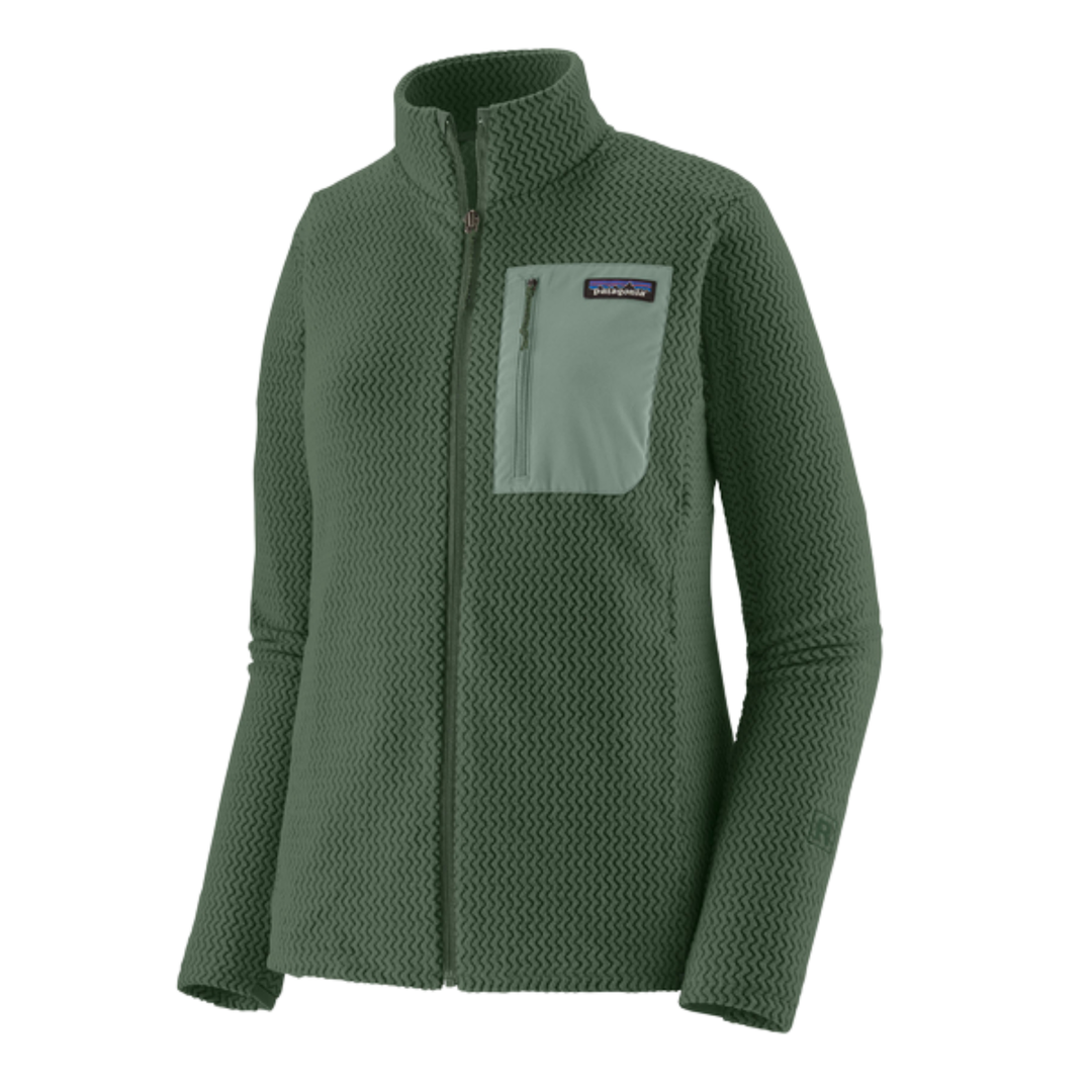 Green fleece jacket with a pocket and brand logo on a white background