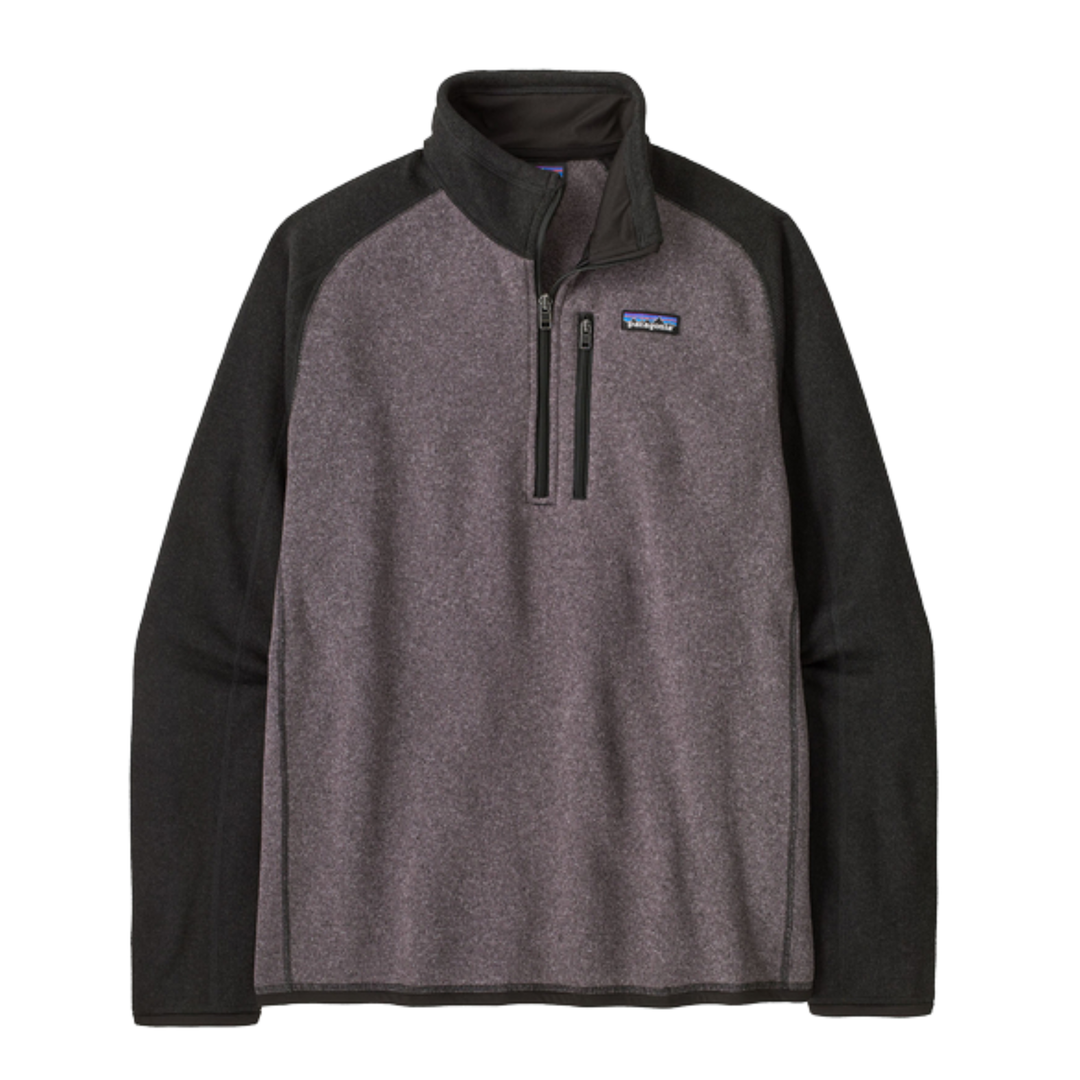 A men's quarter-zip fleece pullover by Patagonia, featuring a heathered dark gray body and solid black raglan sleeves, collar, and zipper trim, shown on a plain white background.