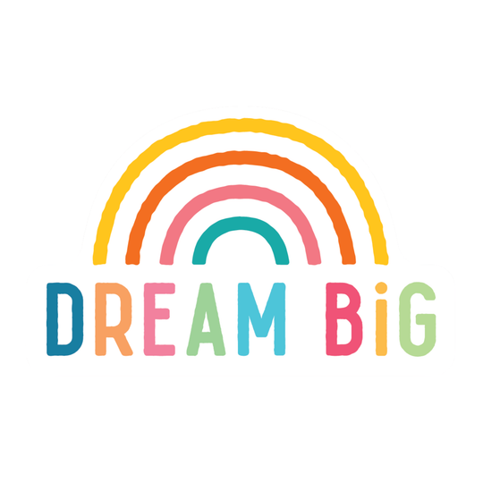 A colorful graphic featuring a rainbow arch above the words 'DREAM BIG' in playful multicolor letters on a plain white background.