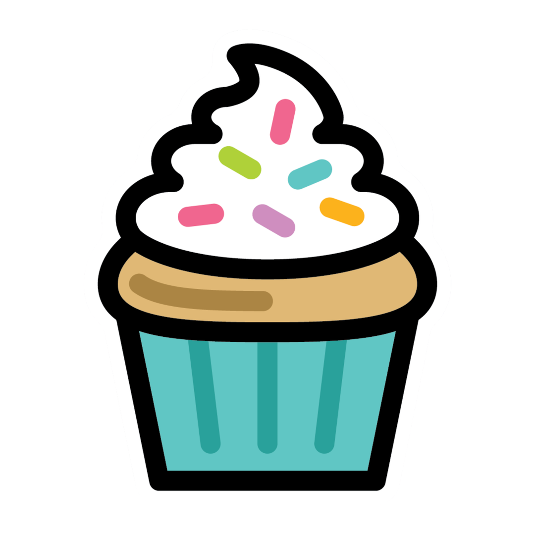 A stylized cartoon cupcake with white frosting, colorful sprinkles, a tan cake top, and a turquoise wrapper on a plain white background.