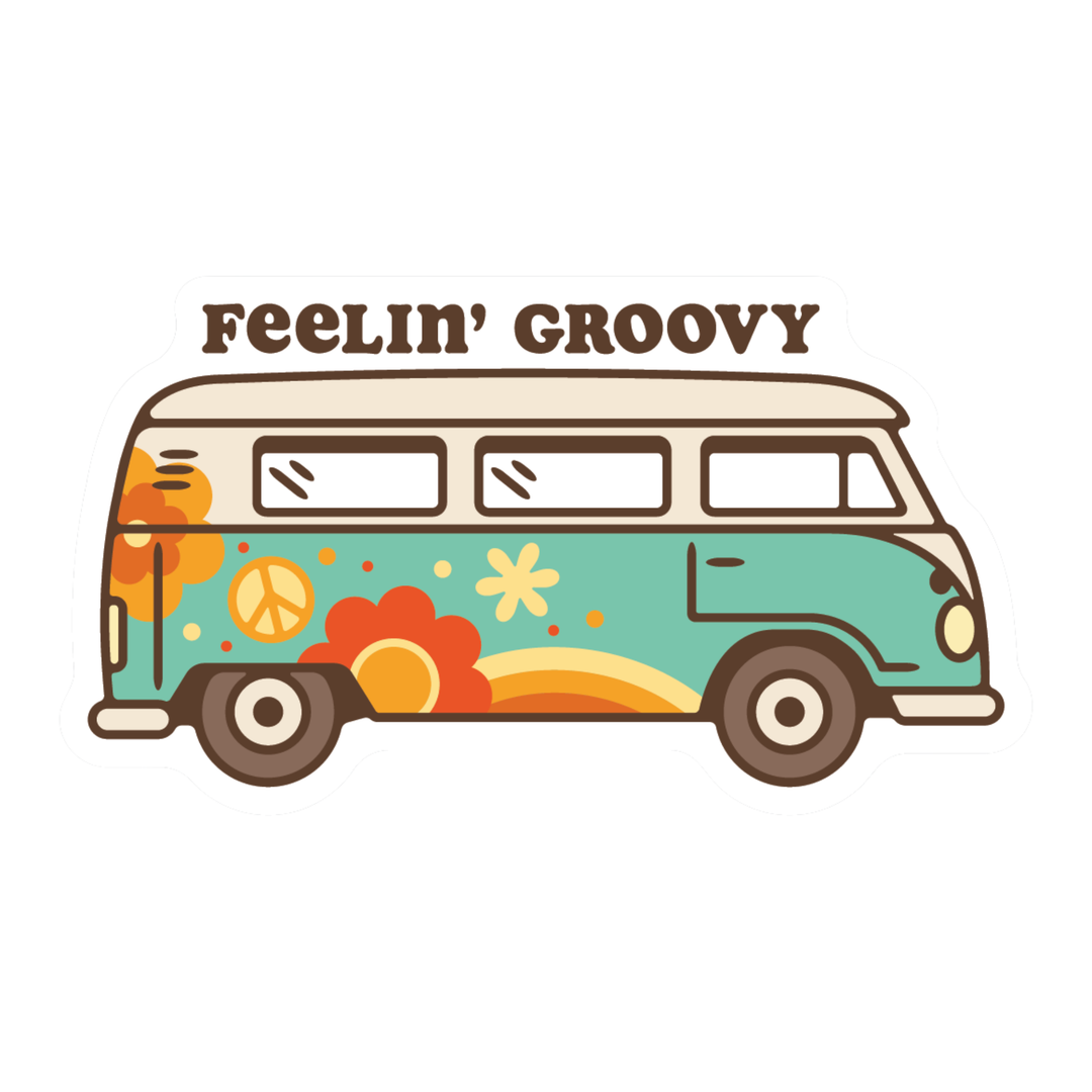 A retro-style illustrated van with the words 'FEELIN' GROOVY' above it. The van is teal and cream with orange, yellow, and white floral and peace-sign decals, shown on a plain white background.