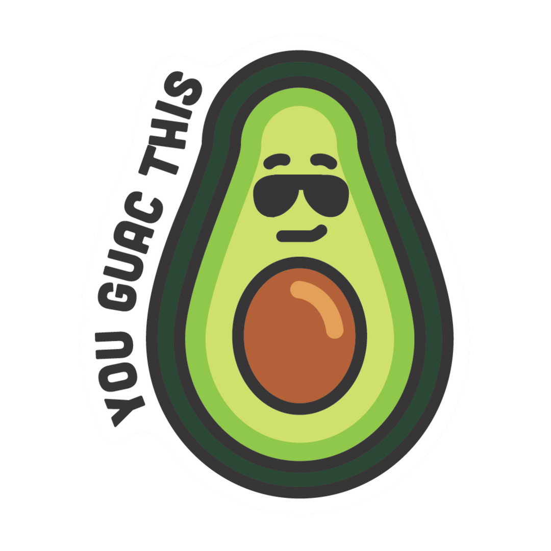 A stylized avocado illustration with a face and sunglasses, alongside the text 'YOU GUAC THIS' in black on a white background.
