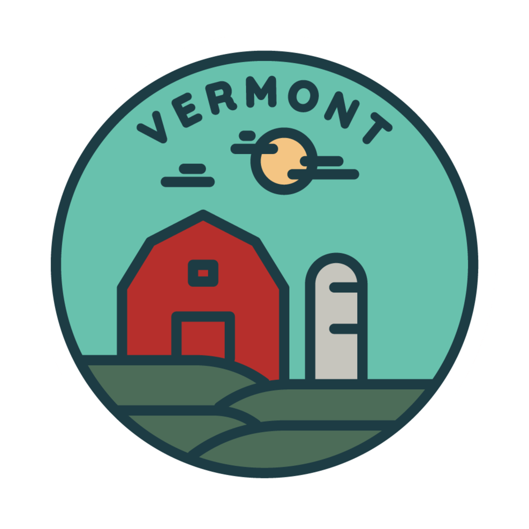 A circular Vermont-themed graphic featuring a red barn, gray silo, green fields, and a yellow sun on a teal background, with the word VERMONT arched at the top.