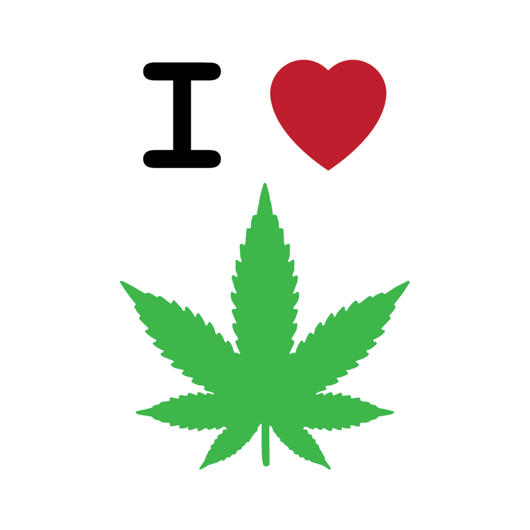 A simple graphic with the text 'I' in black, a red heart symbol, and a large green cannabis leaf on a plain white background.
