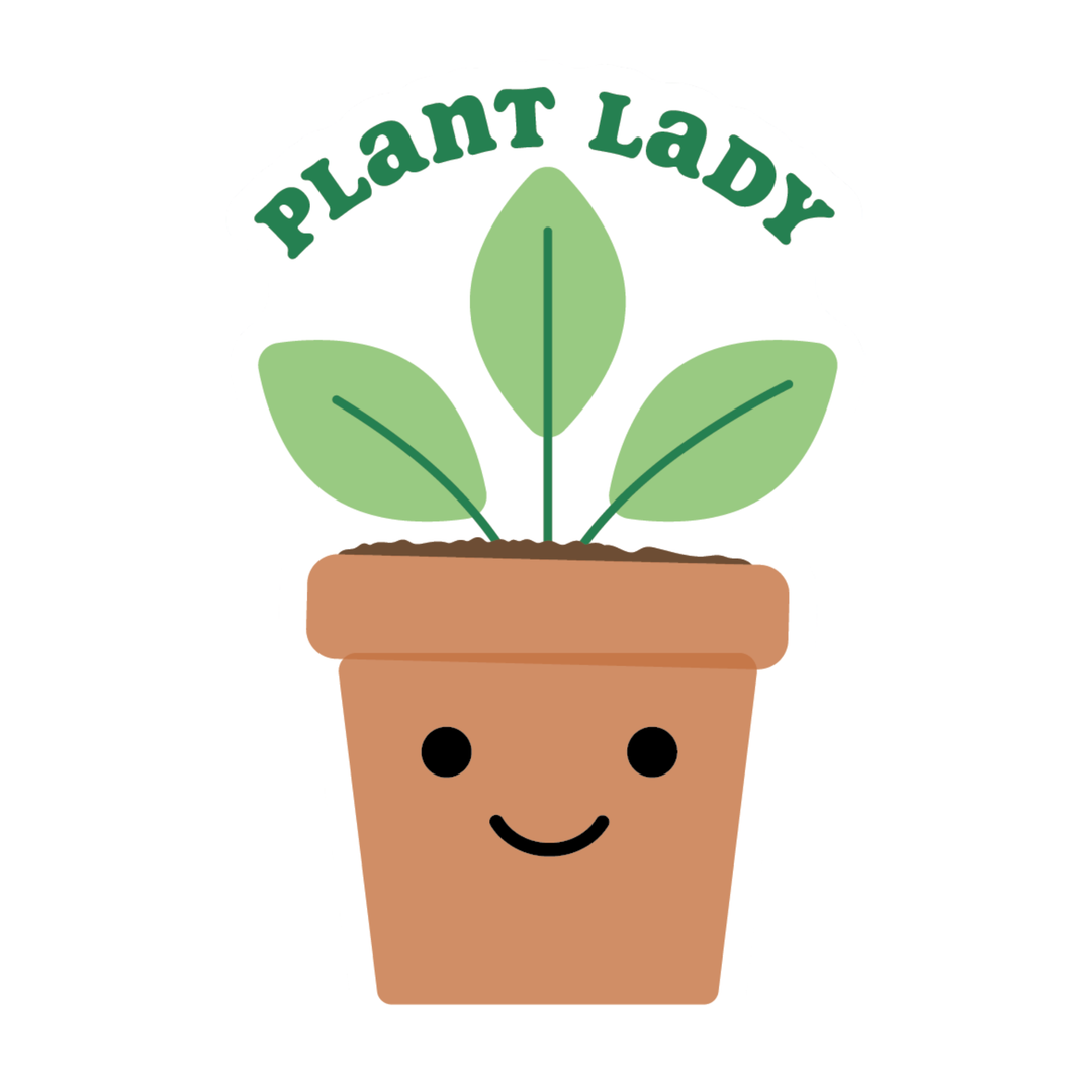 plant lady sticker with green plant and brown pot with smiley face on it. On a plain white background