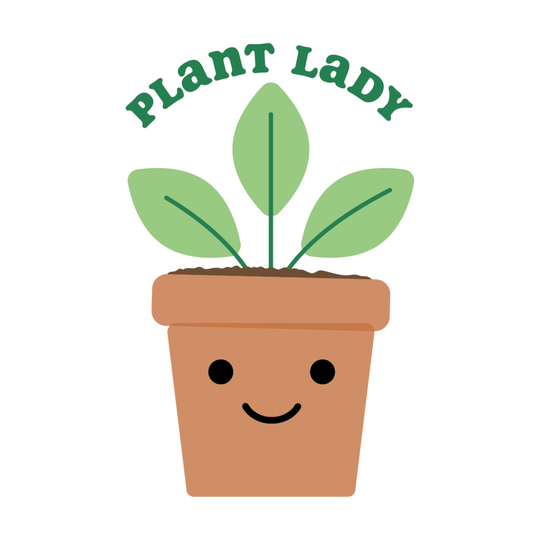 plant lady sticker with green plant and brown pot with smiley face on it. On a plain white background