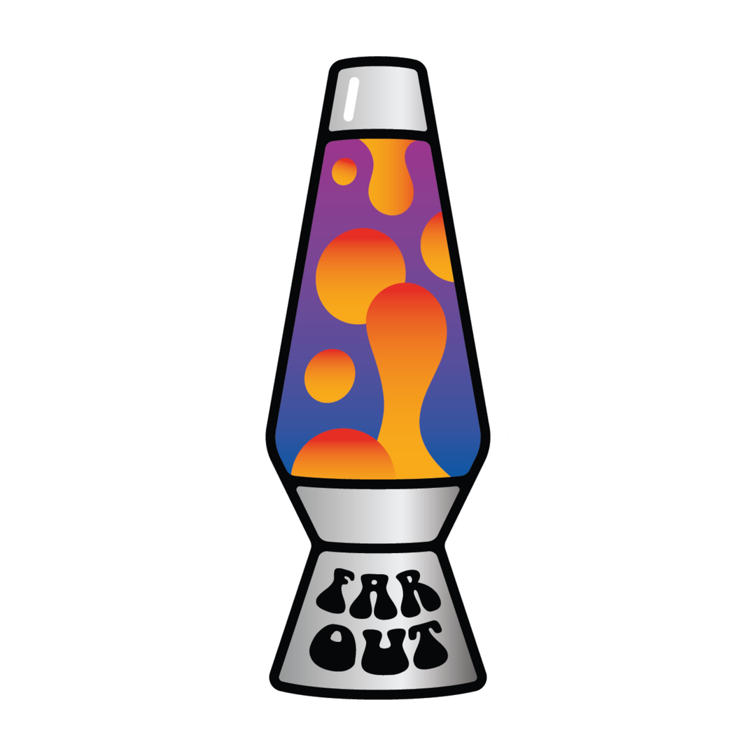 A retro-style lava lamp illustration with a silver base and neck, featuring a purple, blue, orange, and yellow abstract liquid pattern inside, on a plain white background.
