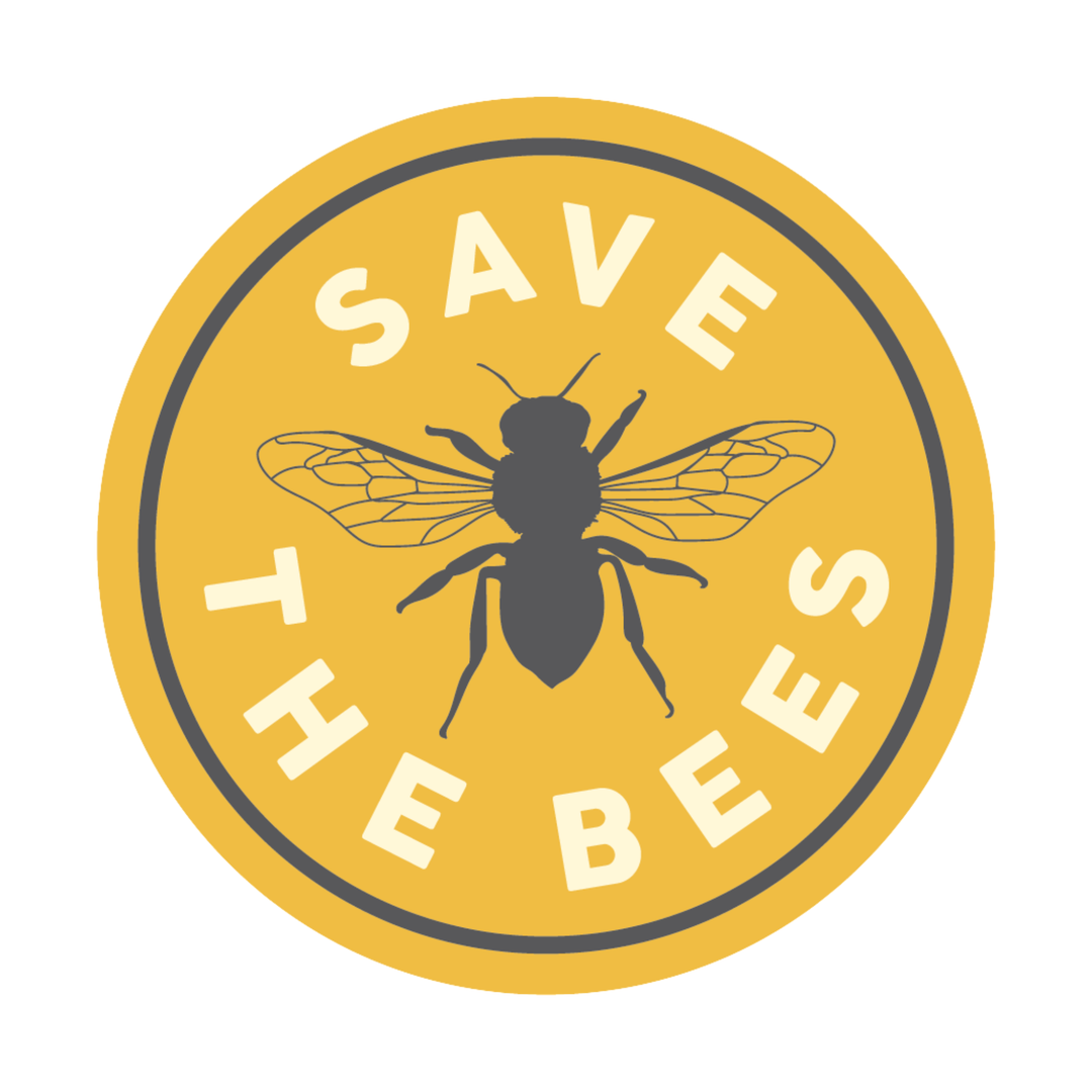 Save The Bees yellow circle sticker with bee on the center. On a plain white background