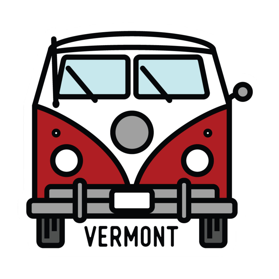 A stylized front-facing illustration of a red and white van with the word "VERMONT" below it, on a plain white background.